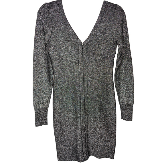 VTG Y2K Bebe Bandage Baddie Glam Black Silver Metallic Shimmer Zipper Dress Med - Picture 1 of 9